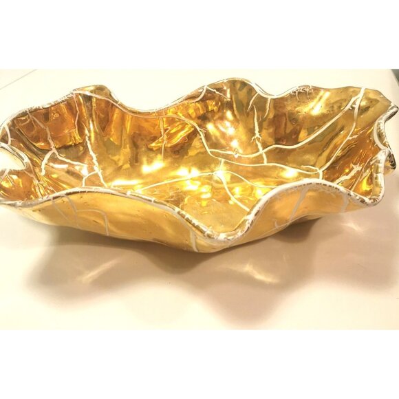 Vintage Gold Wavy Edge Display Dish - Italian Style Art Pottery - Picture 1 of 8